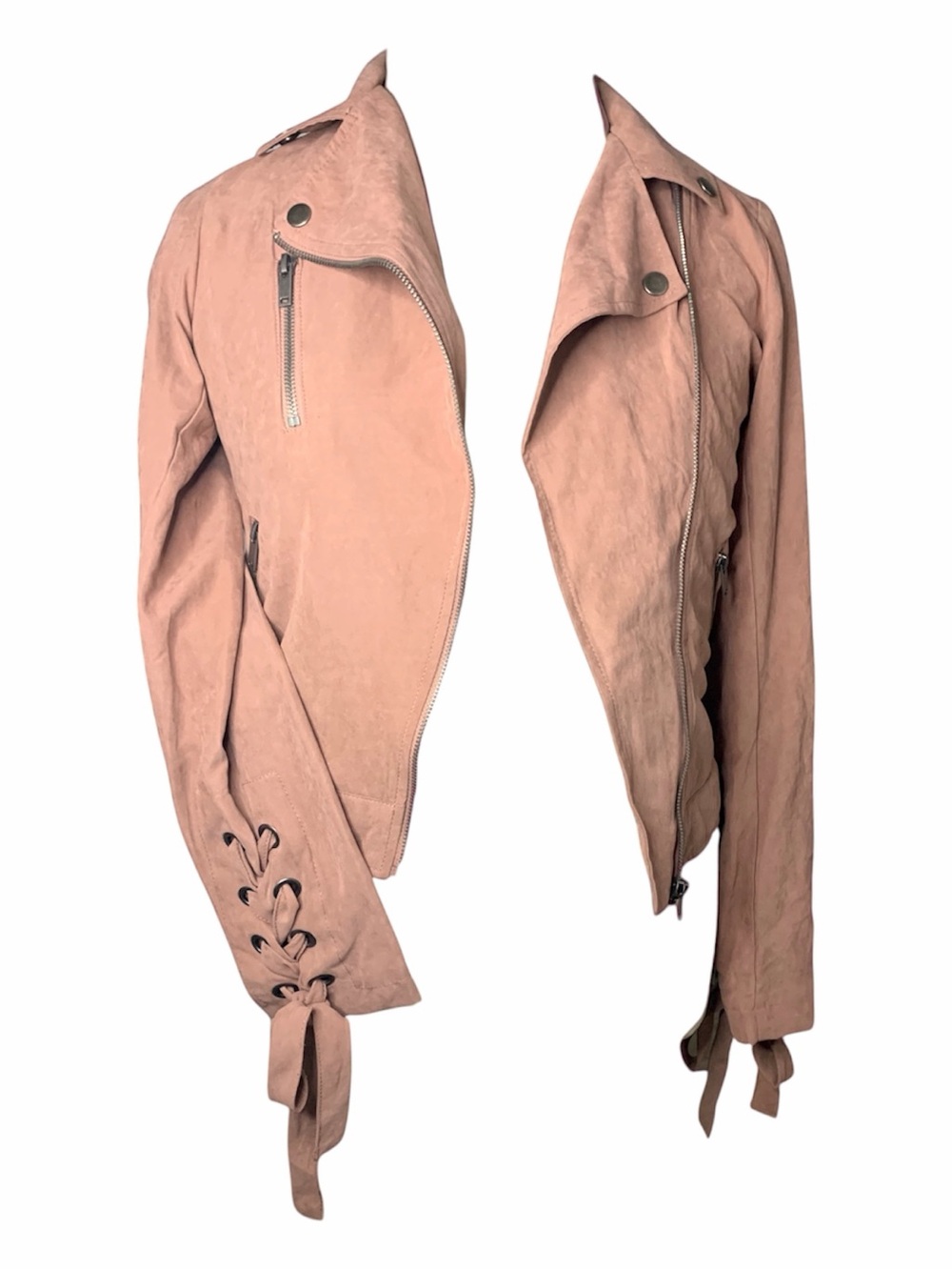 👄 Be Cool Los Angelas, Moto Jacket, Pink, Ribbon Bow Tie Sleeves. Women’s Small.